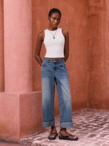 Maija Women's Vintage Blue Grey Straight Leg Cropped Jeans, Casual Loose Retro Style Raw Hem Denim Pants, Autumn