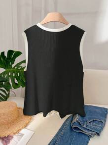 CosyJoli Plus Size Casual Vacation Front Tie Contrast Trim Knit Top - Black - View 2