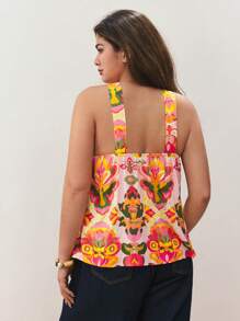 Maija Plus Size Women Pink Floral Print Sleeveless Halter Neck Elegant Bohemian Beach Holiday Style Casual Summer Boho Vacation Tops Office Rave - Multicolor - View 3