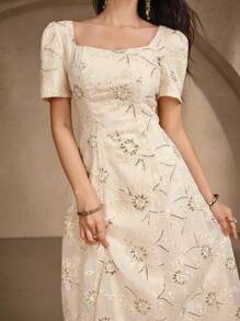 DAZY Damen Kurzarm Kleid mit quadratischem Ausschnitt in Midi-Länge, modisch für den Sommer, elegante Damenkleider - Aprikosenfarben - Übersicht 6