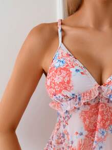 SHEIN Swim Women's Sweet Ditsy Floral Ruffle Trim Adjustable High Waist Camisole Tank Top Bikini For Summer Beach Vacation - Red - View 4