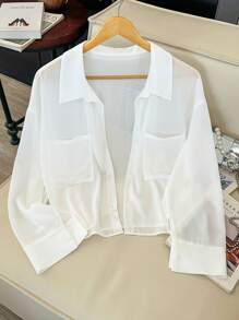 Calvaya 大码女式雪纺口袋纽扣短袖衬衫 - 白色 - 查看 1