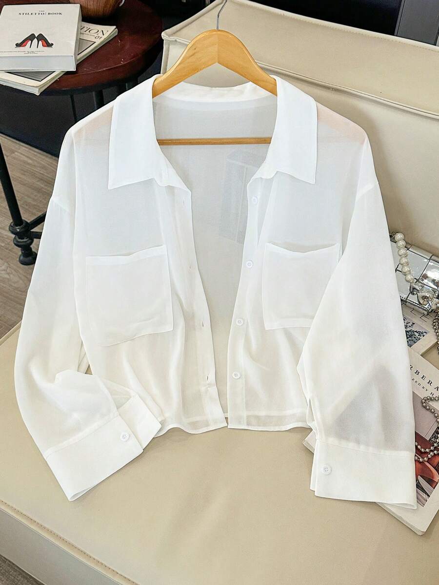 Calvaya 大码女式雪纺口袋纽扣短袖衬衫 - 白色 - 查看 1