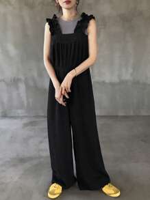 FRIFUL 女士纯色荷叶边拼接阔腿连体裤，甜美夏季女装，女士夏季服装，女士夏季短裙，夏季工作装，夏季连衣裙 - 灰色 - 查看 2