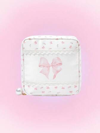 Kawaii Cute Pink Bow & Strawberry Pattern Thick Padded Makeup Bag, Portable Small Pouch