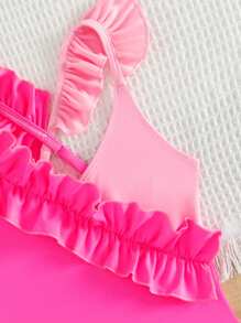 SHEIN 1 件女童和小女孩拼色连体泳衣，沙滩/游泳/戏水夏季泳衣 - 粉色 - 查看 6