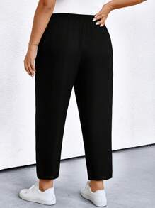 SHEIN PETITE CURVE Plus Size Casual Solid Color Angled Pocket Tapered Pants - Black - View 2