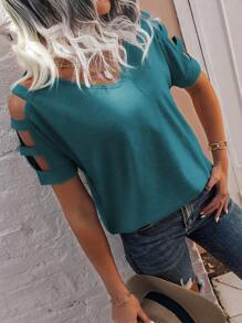SHEIN LUNE Áo thun nữ tay ngắn cổ chữ V khoét sâu thường ngày - Màu xanh lam - Xem 7