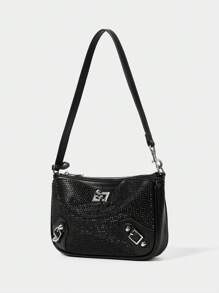 SHECARRY Women's Black Full-Coverage Rhinestone Shoulder Bag Clutch, Elegant Evening Party Purse With Decorative Metal Buckle For Dinner Gala & Events - Black - View 7