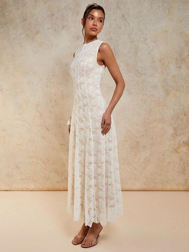 Elegante abito blu midi senza maniche in pizzo, adatto per la primavera/estate - Bianco - Visualizzare 5