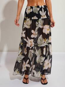 COSMINA Women's Summer Vacation Floral Print Flowy Skirt - Black - View 6