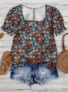 SHEIN LUNE Plus Size Ditsy Floral Casual Shirt, Minimalist Design Suitable For Summer - Multicolor - View 5