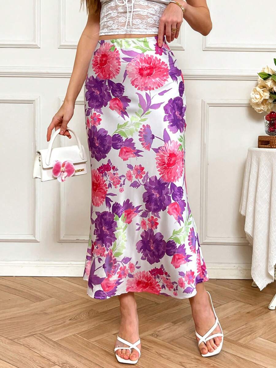 SHEIN VCAY Jupe évasée en mousseline de soie à imprimé floral pour femmes, style printemps/été resort, vacances d'été décontractées, vacances balnéaires bohèmes, style boho chic, concert country, festivals de vacances, plage, style old money