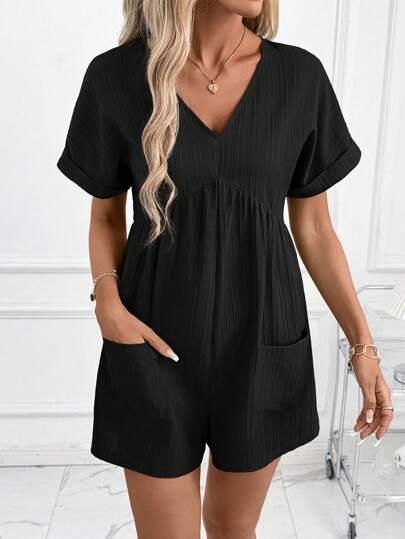 SHEIN Clasi Women's V-Neck Green Wave Jacquard Short Sleeve Romper, Elegant Everyday Vacation Outfit, Spring/Summer