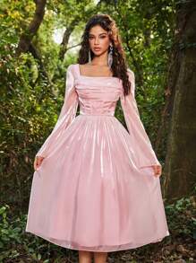 SHEIN Belle 优雅奢华的灰绿色长袖深垂领鱼尾褶皱腰 A 字裙，适合婚礼、派对、度假、伴娘（成人） - 淺粉色 - 查看 3