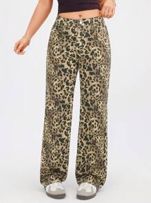 SHEIN EZwear Leopard Print Pocketed Casual Straight-Leg Jeans