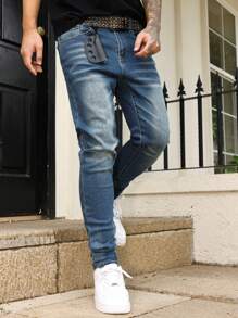 Manfinity Homme Men's Camouflage Denim Jeans, Fashionable For Summer - Medium Wash - View 3