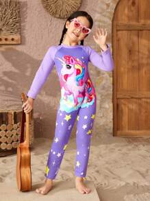 Cute Girls One-Piece Swimsuit With Unicorn & Star Pattern, Zipper Back, Long Sleeve & Long Pants - Multicolor - View 3