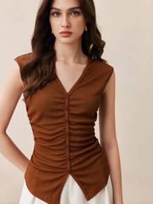 BizChic 女式秋季 V 领褶皱针织罗纹立领上衣，百搭，适合城市通勤、商务、休闲、圣诞节、万圣节派对、婚礼宾客服装 - 咖啡棕 - 查看 2