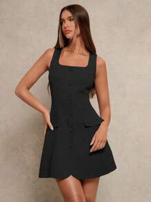 Glamine Early Spring New Square Neck Sleeveless Slimming Fake Pocket Commuter Versatile Elegant Open Front Short Dress For Women Black Dress - Black - View 5