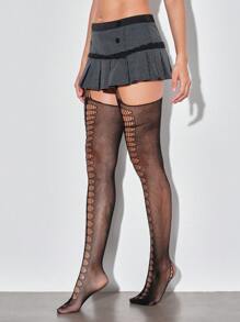 ROMWE Grunge Punk 1 Pair Artist Edition Dark Chic Black Ripped Net Fishnet Tights And Socks - Black - View 4
