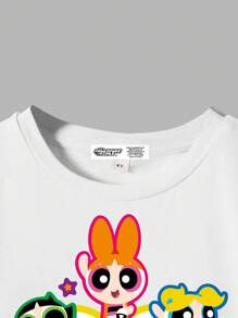 THE POWERPUFF GIRLS X SHEIN Camiseta de manga corta blanca con estampado de Flor, Burbujas y Ranúnculo para niña
