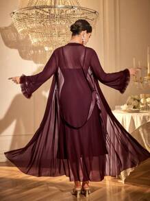 Slumberist 2pcs/Set Fish Bone Design Waist Lace Slip Dress + Floral Hem Wide Sleeve Sheer Robe - Maroon - View 2