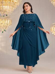 Modelyn Vestido elegante con remiendo de cristal, drapeado y volantes para mujer de talla grande - Agua verde azul - Ver 4