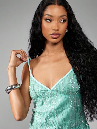 MISSGUIDED Mint Green Sequin Beaded Top Embellished Camisole Y2K Fashion Club Party Festival Summer Cami Tank Sparkly Rhinestone Top,L
