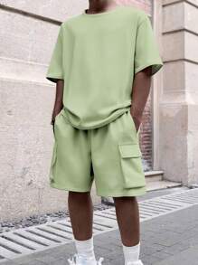 SHEIN Leap Crew Teen Boy's Short Sleeve Cargo Pocket Shorts Set - Mint Green - View 7