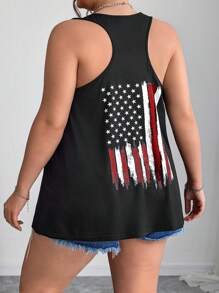 SHEIN CURVE+ Plus Size National Flag Print Casual Sleeveless Tank Top For Summer4th Of July / USA / 4th Of July Outfits / 4th Of July Clothes / 4th Of July Women/Graphic Tees