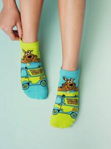 SCOOBY-DOO X SHEIN 3 Pairs Breathable Soft Ankle Socks, Reinforced Toe & Heel For Durability, Black & Brown Colors, Dog & Car Patterns, Suitable For All Seasons, Unisex