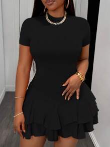 Slaydiva Summer Casual Round Neck Ruffle Hem Short Sleeve Slim Fitting Unique Mini Dress Summer Dresses For Women,Sun Dresses For Women,Business Casual Woman