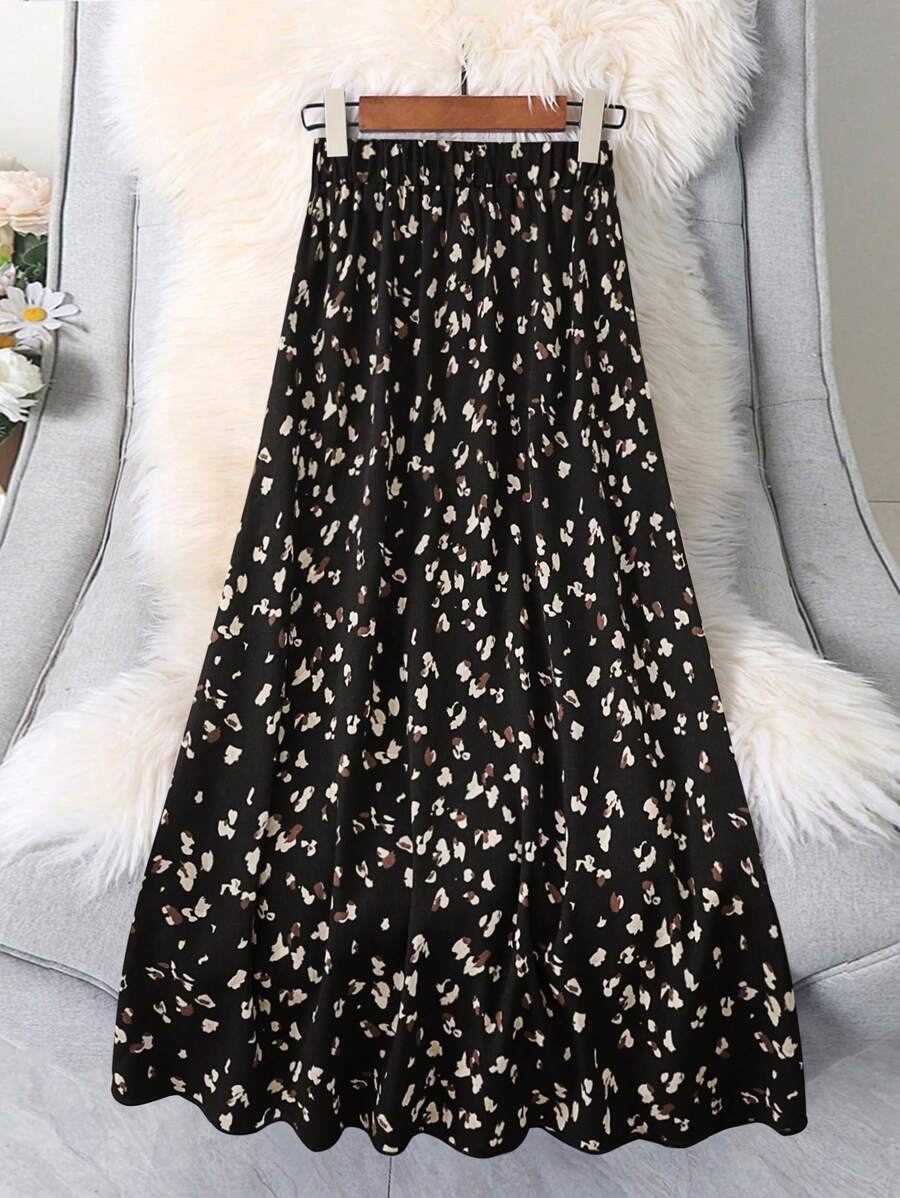 SHEIN LUNE 大码女式全印花松紧腰休闲通勤裙 - 彩色 - 查看 1