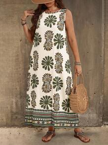 EMERY ROSE Abito da donna con stampa floreale, senza maniche, a collo tondo, per vacanze in campagna, taglie comode