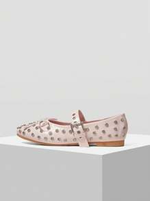 MOTF PREMIUM VINTAGE PUNK STYLE COMFORTABLE CASUAL STUDDED BOW DECOR ROUND TOE FLATS, - Pink - View 4