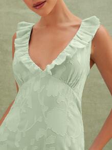 L'Amorae 花卉纹理层叠荷叶边长裙 - 薄荷綠 - 查看 3