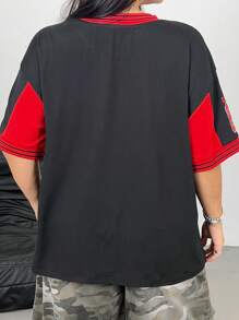 Flirla Camiseta de manga corta con estampado gráfico, cuello de canalé y talla grande