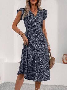 Breezaya Vestido casual de manga corta con estampado floral aleatorio para mujer, vestido largo