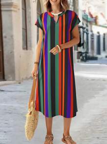 EMERY ROSE Women's Midi Striped Dress, Short Sleeve, Fashionable Summer