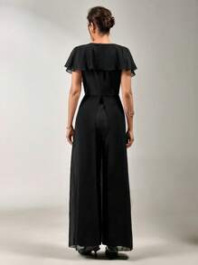 SHEIN Clasi Women's Elegant V-Neck Ruffled Chiffon Jumpsuit For Resort Wear - Black - View 2