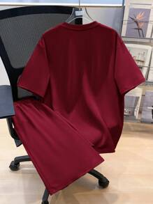 SHEIN Leap Crew 2 Pieces Teen Boys Summer Letter Printed Crew Neck Short Sleeve Casual T Shirt And Drawstring Waist Shorts Set, Perfect For Spring And Summer, Perfect For , Perfect For Dressing Up, Perfect For School, Valentine's Day - Burgundy - View 3