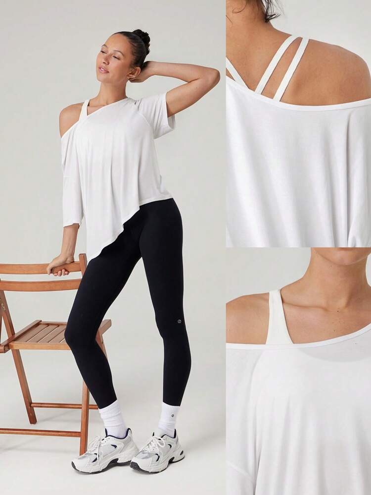 Modal Silky Smooth Asymmetrical Hem Off-Shoulder 3/4 Sleeve Active Tee T-Shirt Daily Casual Wear