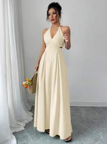 Elenzga Vestido de unicolor con escote en V profundo, espalda descubierta y cordones, estilo vacacional de verano - Albaricoque - Ver 5