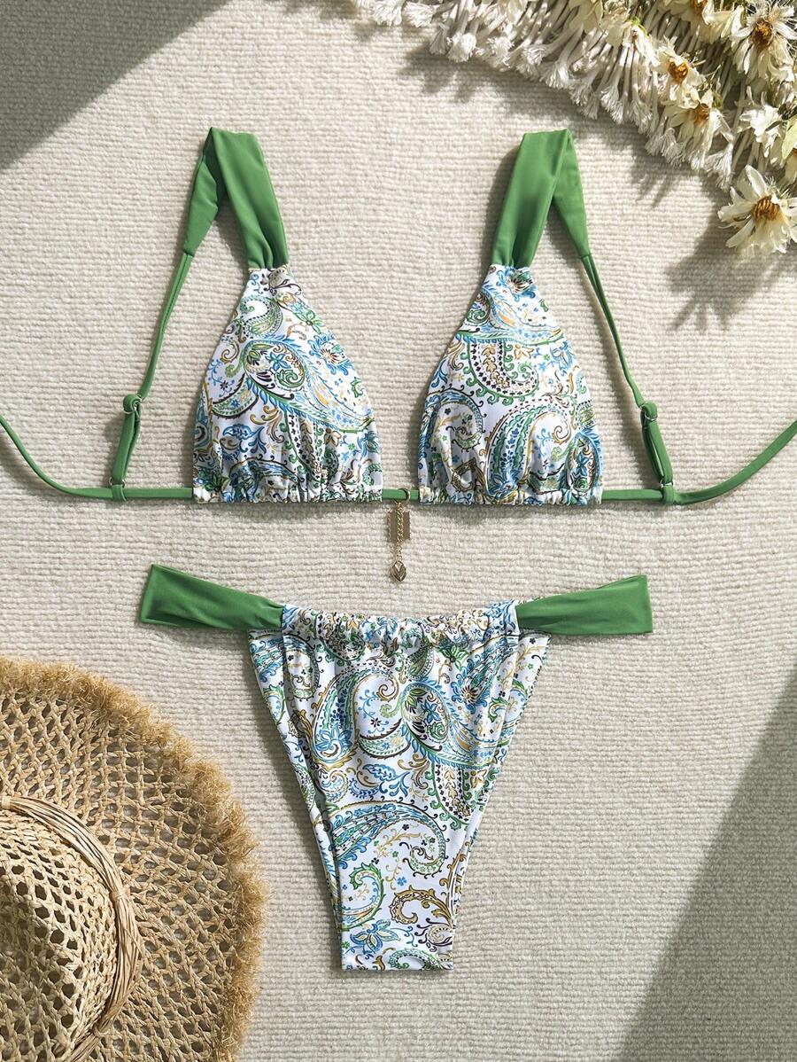 SHEIN Swim 2pcs/Set Women Swimsuit, Random Floral Print Patchwork Solid Color, Double Fabric Chest With Extra Material Top And Shorts, Suitable For Beach,Swimming,Vacation,Pool, Cute Young Girl Style For Summer - Multicolor - View 1