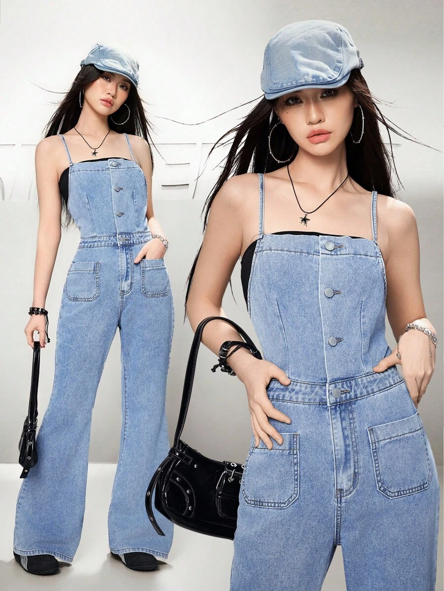 SHEIN EZwear Women's Denim Overall And Jumpsuit, Casual Fitted Strap Jumpsuit Flare Pants, Blue
