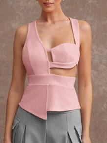L'Amorae Elegant Asymmetrical Cut Out Spring Top - Pink - View 4