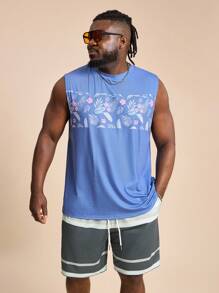 EASEVO Plus Size Men Knit Print Slim Fit Sleeveless Tank Top And Shorts Set, Suitable For Summer