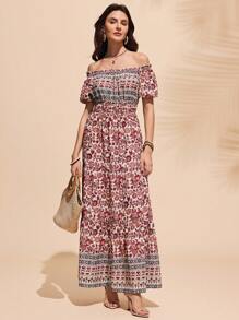 Almamuse 时尚休闲露肩长裙，适合夏季 - 杏色 - 查看 6