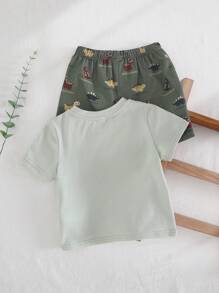 Cozy Pixies 2件套男婴卡通恐龙图案针织柔软圆领短袖上衣配松紧腰短裤套装 - 綠色 - 查看 2